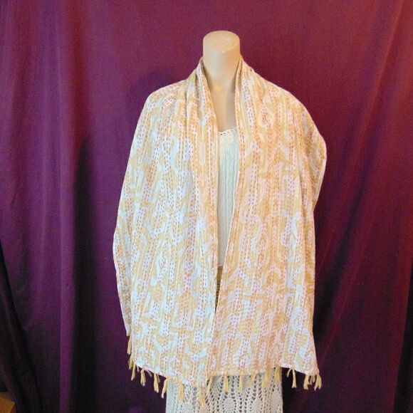 EUC Tan/White Southwestern Scarf/Wrap/Shawl w/Red Threading & Yellow Tassels - Picture 1 of 8